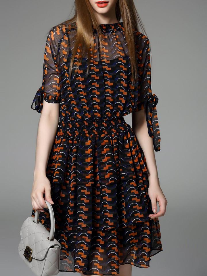 Shein Orange Navy Ruffle Pleated Elastic-waist Dress