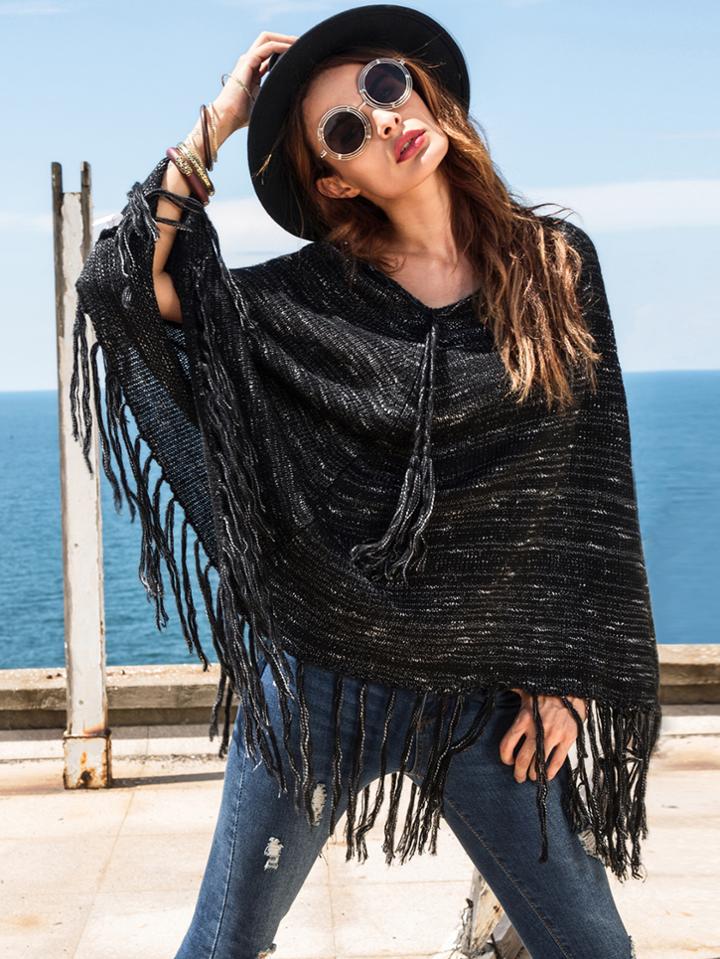 Shein Black Long Sleeve Tassel Hem Sweater Cape