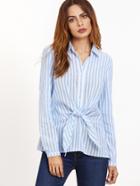 Shein Blue Vertical Striped Knotted Front Blouse