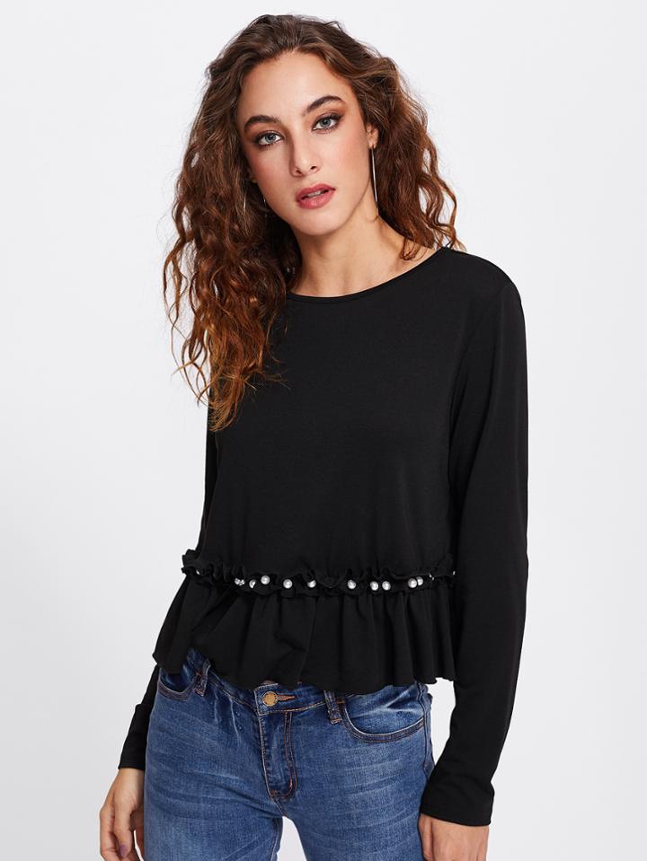 Shein Pearl Beading Frill Hem T-shirt