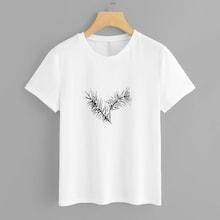 Shein Pearl Beaded Leaf Print Tee