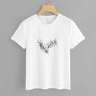 Shein Pearl Beaded Leaf Print Tee