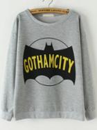 Shein Grey Round Neck Bat Print Loose Sweatshirt