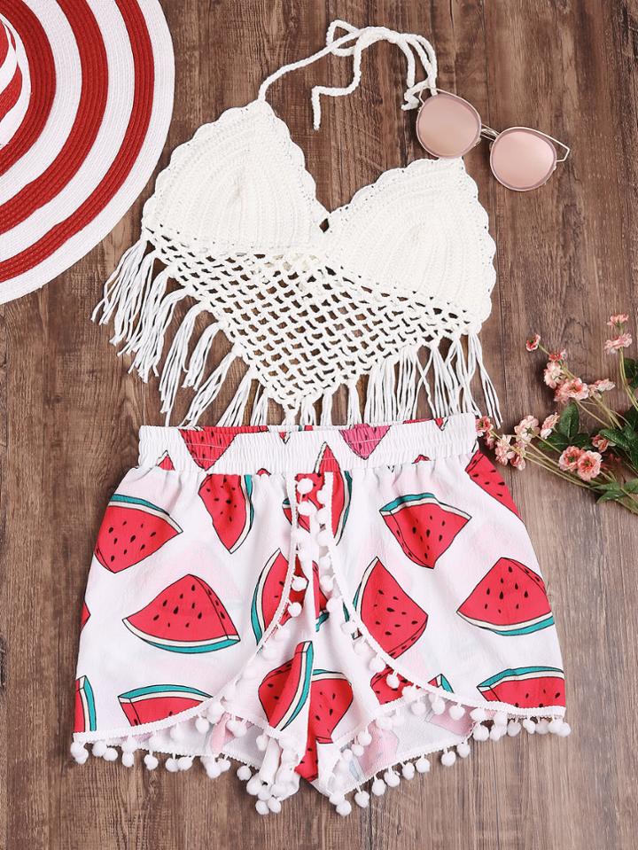 Shein Allover Watermelon Print Pom Pom Trim Wrap Shorts