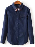 Shein Navy Long Sleeve Buttons Denim Blouse With Scarve