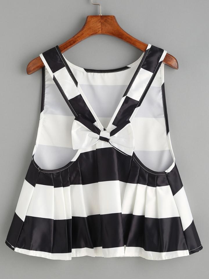 Shein Black White Striped Bow Back Pleated Top