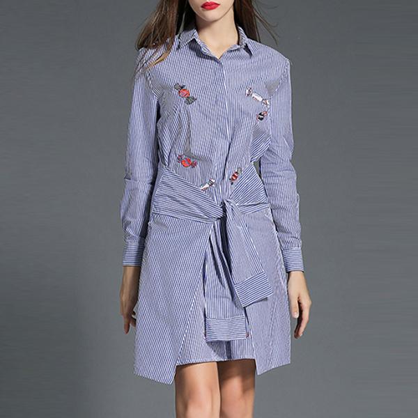 Shein Blue Lapel Striped Shirt Dress