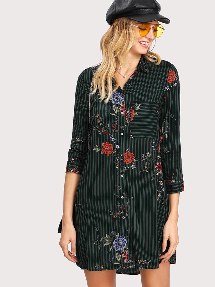 Shein Striped And Flower Print Shirt Dress