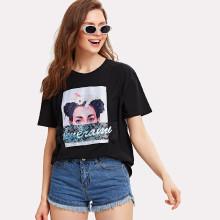 Shein Cartoon Print Lace Applique Tee