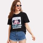 Shein Cartoon Print Lace Applique Tee