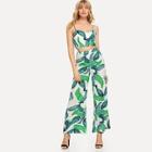 Shein Jungle Leaf Print Cami Top And Wide Leg Pants Set