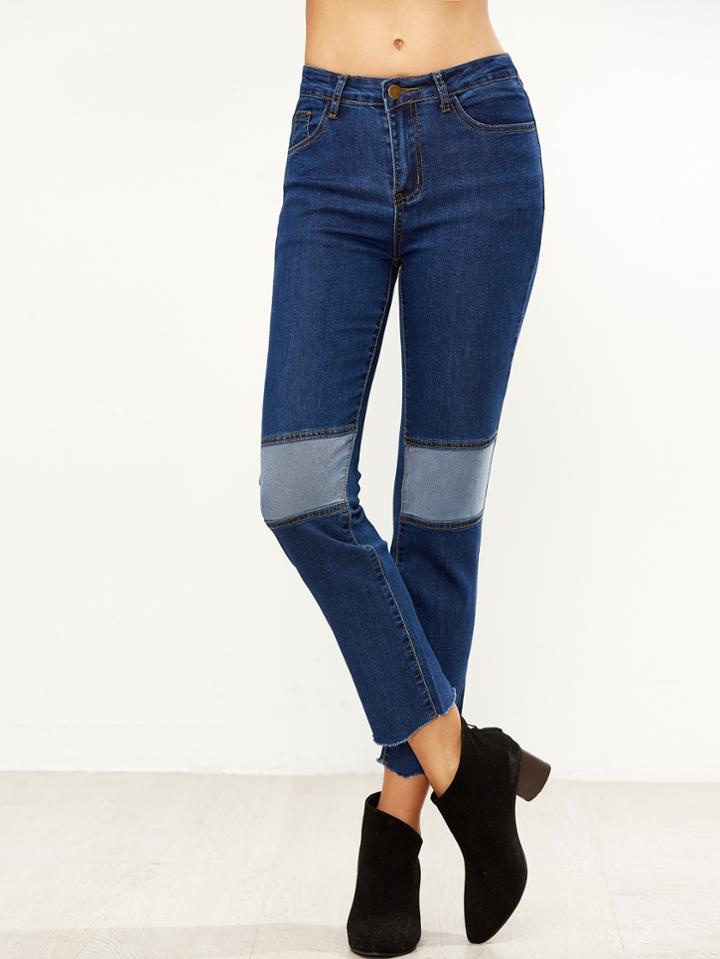 Shein Blue Contrast Trim Raw Hem Jeans