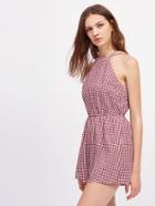 Shein Racer Neck Strappy Open Back Gingham Playsuit