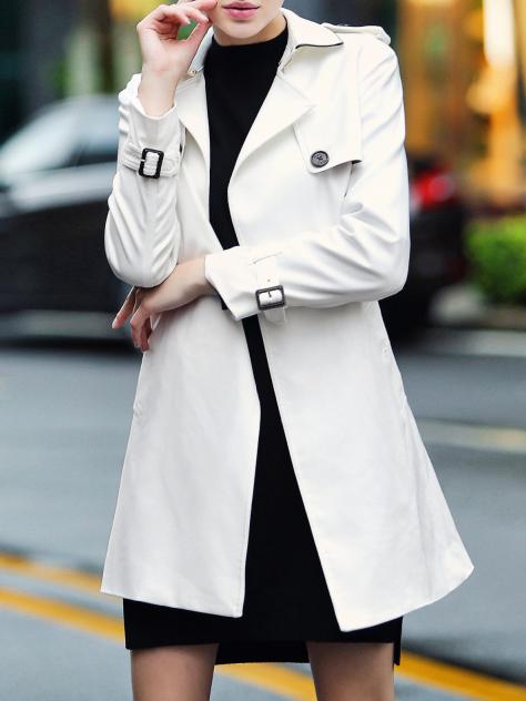 Shein White Lapel Belted Pockets Coat