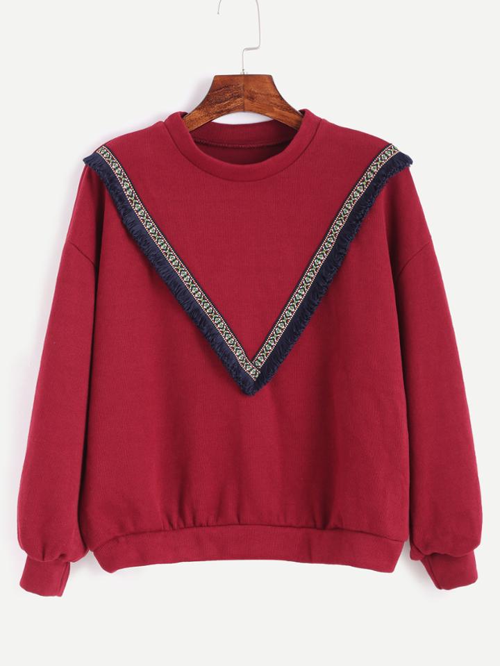 Shein Burgundy Embroidered Tape Detail Fringe Sweatshirt