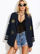 Shein Navy Double Breasted Sailor Blazer With Embroidered Patch Detail
