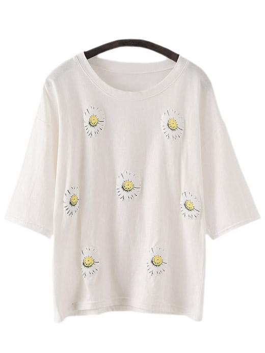 Shein White Half Sleeve Daisy Print Casual T-shirt