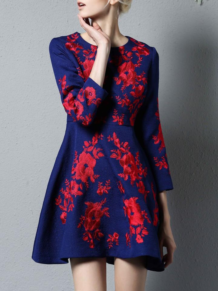 Shein Blue Flowers Embroidered Jacquard A-line Dress