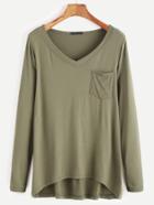 Shein Army Green V Neck Dip Hem T-shirt With Pocket