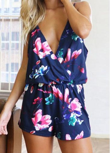 Rosewe Elastic Waist Flower Print Romper