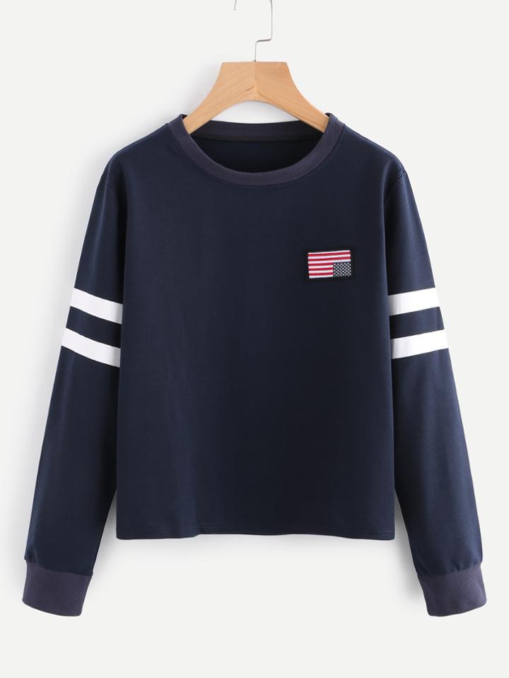 Shein Striped Sleeve Patch Sweatshirt