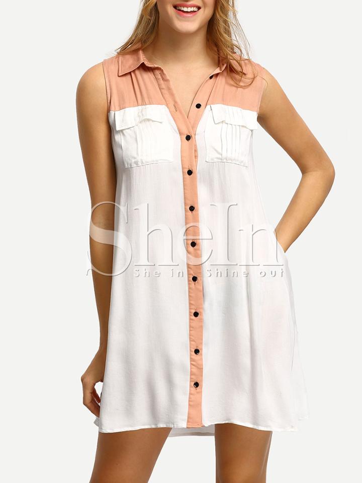 Shein White Pockets Button Down Sleeveless Dress