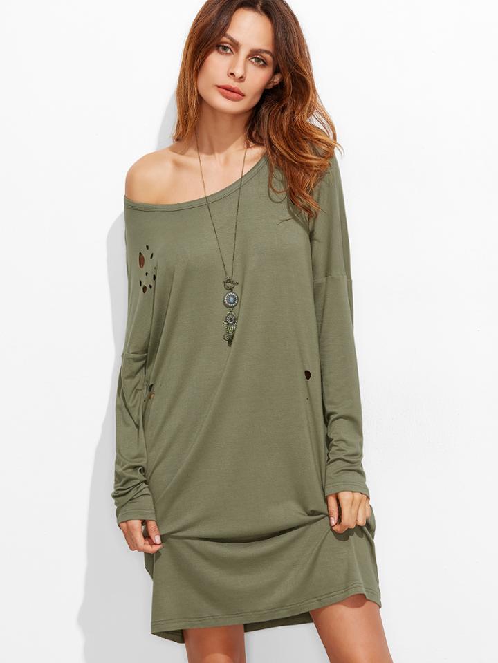Shein Scoop Neck Drop Shoulder Distressed Tee Dress