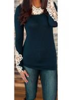 Rosewe Lace Patchwork Long Sleeve Navy Blue T Shirt