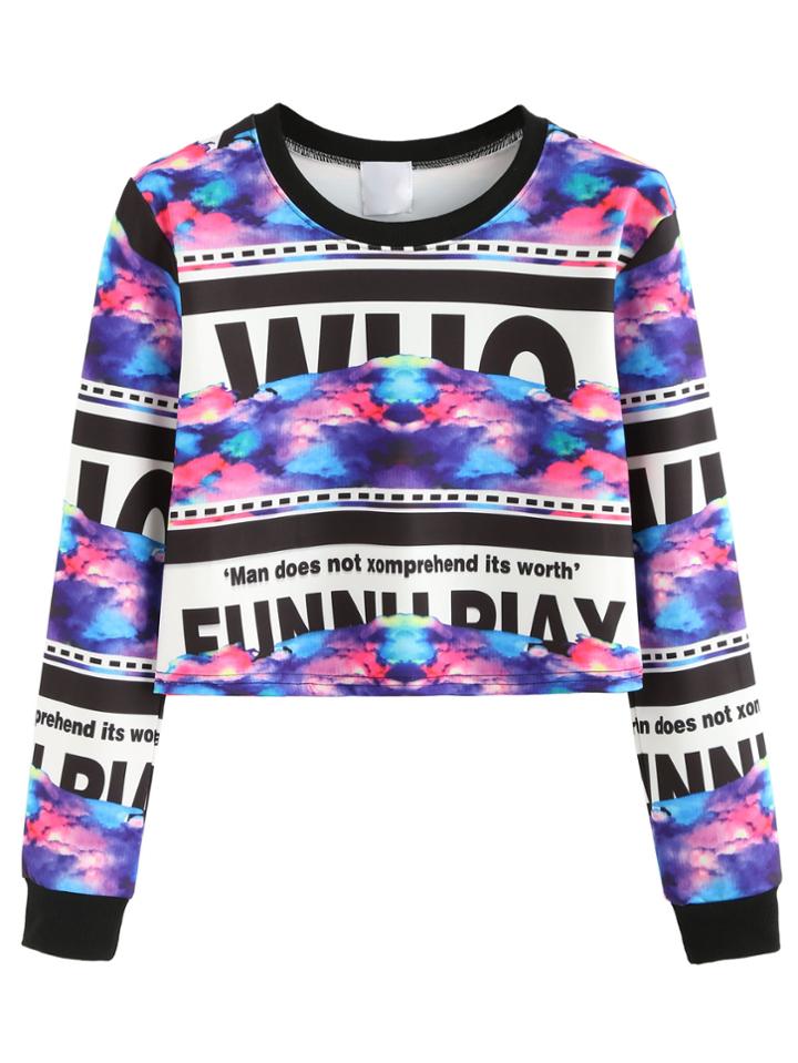 Shein Contrast Trim Abstract Print Crop Sweatshirt