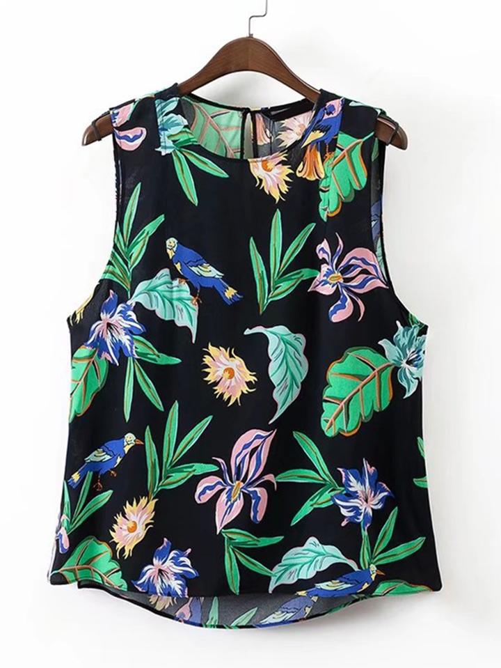 Shein Floral Print Keyhole Back Sleeveless Top
