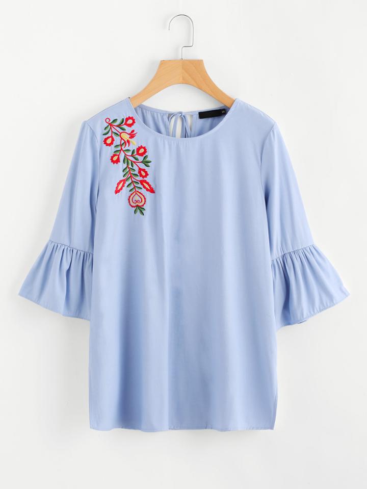 Shein Bell Sleeve Lace Up Back Embroidery Top
