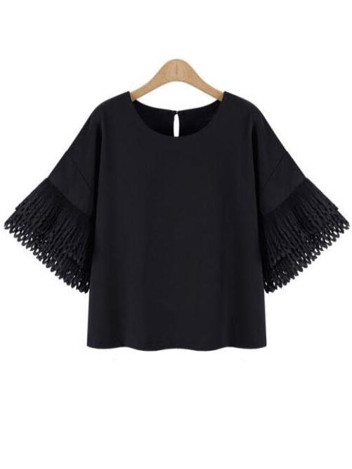 Shein Black Bell Sleeve Buttoned Keyhole Back Chiffon Blouse