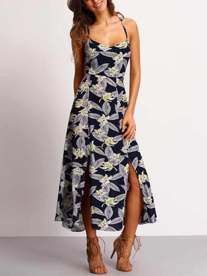 Shein Crisscross Back Florals Split Dress