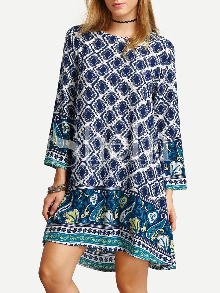 Shein Navy Long Sleeve Vintage Print Shift Dress