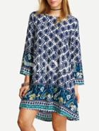 Shein Navy Long Sleeve Vintage Print Shift Dress