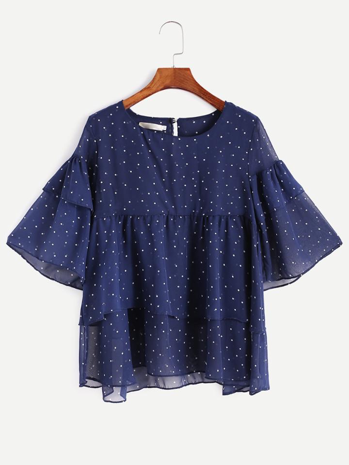 Shein Navy Polka Dot Ruffle Tiered Chiffon Blouse