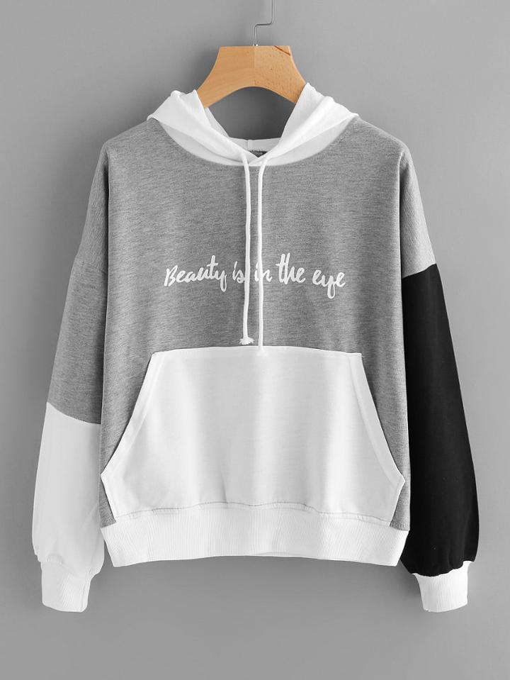 Shein Color Block Slogan Print Kangaroo Pocket Hoodie