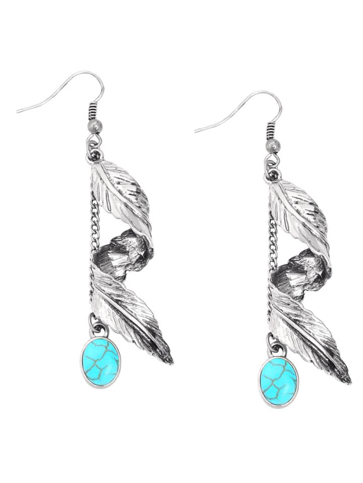 Shein Silver Leaf Turquoise Embellished Drop Earrings
