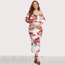 Shein Plus Off Shoulder Floral Print Tiered Dress