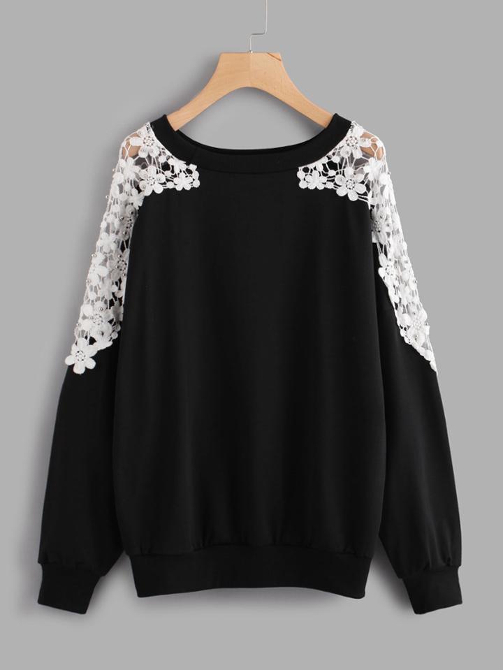 Shein Contrast Lace Beaded Sweatshirt