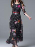 Shein Black Ruffle Print Belted Maxi Dress