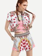 Shein Multicolor Print Short Sleeve T-shirt With Pocket Shorts