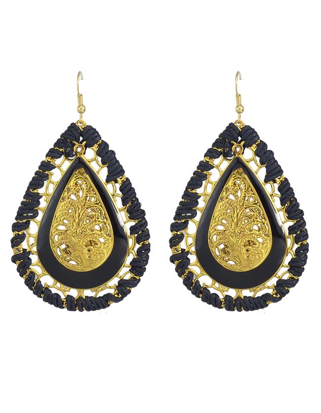 Shein Black Enamel Braided Rope Long Drop Earrings