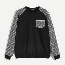 Shein Men Tribal Print Raglan Sleeve & Pocket Detail Pullover