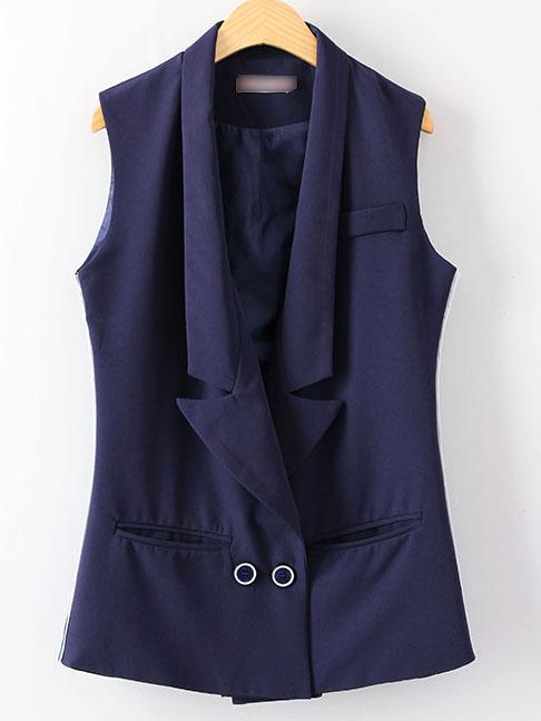 Shein Navy Lapel Sleeveless Pockets Buttons Vest