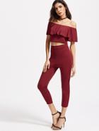 Shein Burgundy Off The Shoulder Ruffle Trim Top With Pants