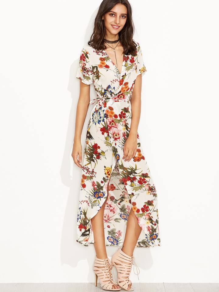 Shein Deep V Neck Florals Wrap Dress