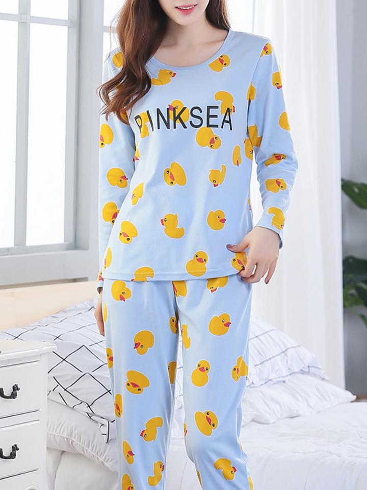 Shein Little Yellow Duck Print Tee & Pants Pj Set