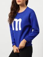 Shein Blue Round Neck M Print Loose Sweatshirt