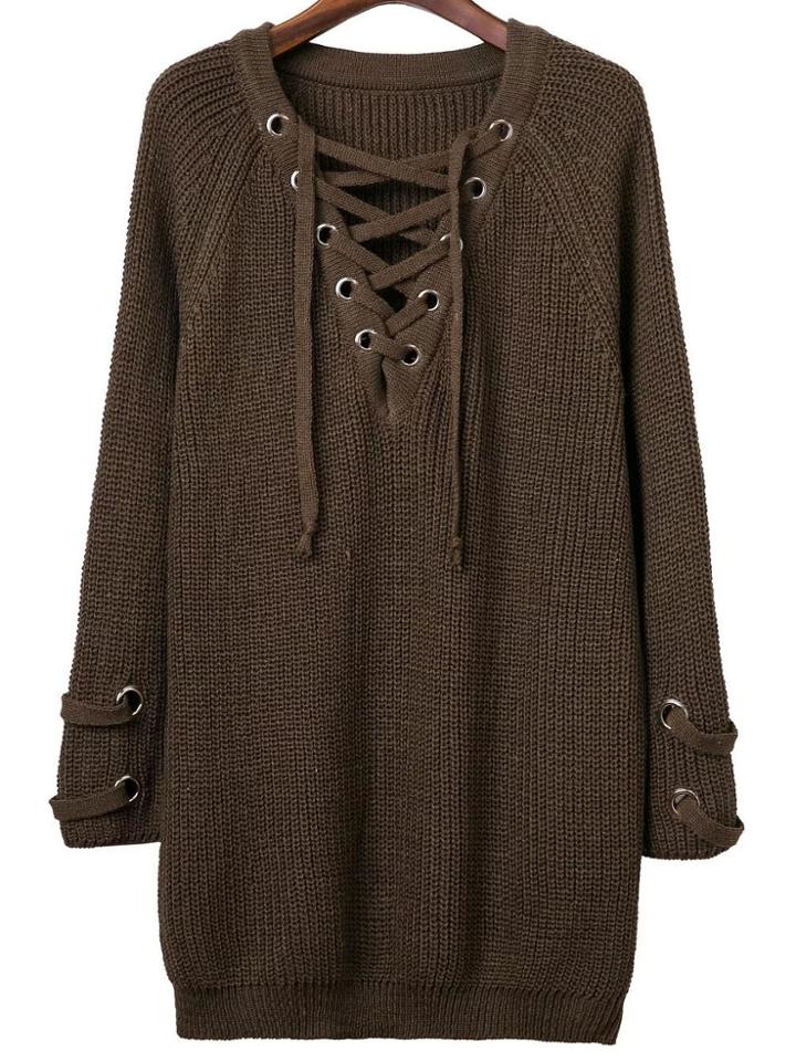 Shein Eyelet Lace Up V Neckline Knit Dress